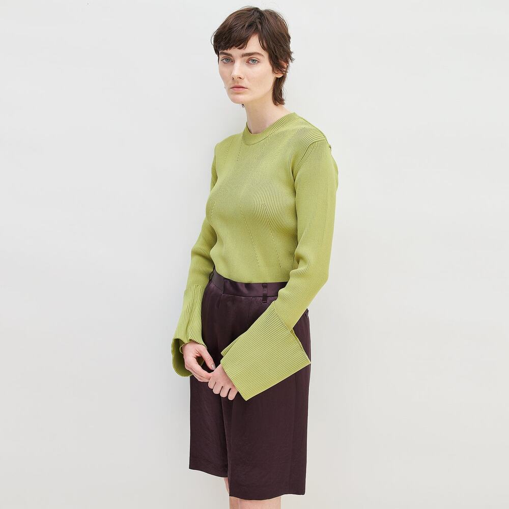 Akiranaka Sweater Top Erin Blouse Cuffed Panel Knit Green 2 Ribbed Designer Chic